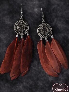 Bohemian Feather Drop Earrings in Deep Rust